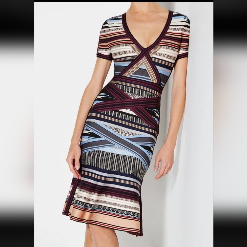 Herve Leger Lavinia Striped Multicolor V-Neck Dress, Sz S